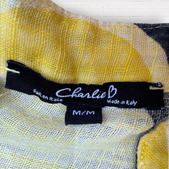 CHARLIE B Yellow Navy Swirl Print 100% Linen Italy Tunic Blouse Top Size M - Picture 2 of 4